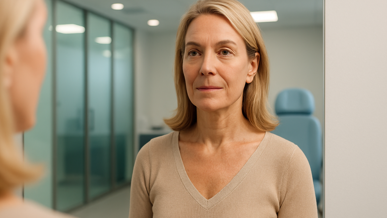 Confident woman in her 50s stands in front of a mirror in a bright, modern Miami clinic.