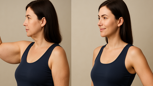 Side-by-side of woman before and after arm lift, showing loose skin and toned result.
