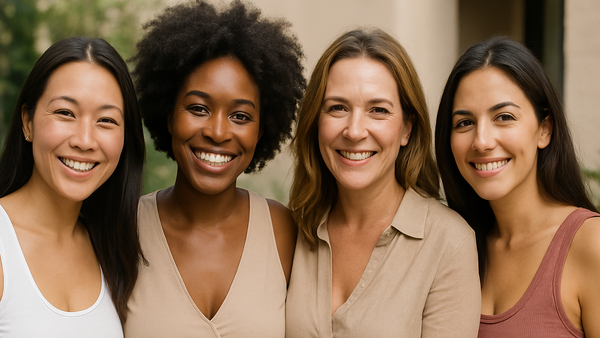 Four diverse women smiling confidently outdoors, dressed casually, representing post-op positivity.