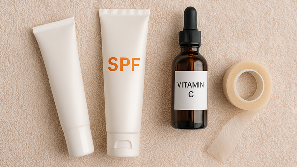 Flat-lay of silicone gel, SPF, vitamin C serum, and surgical tape on a soft towel background.
