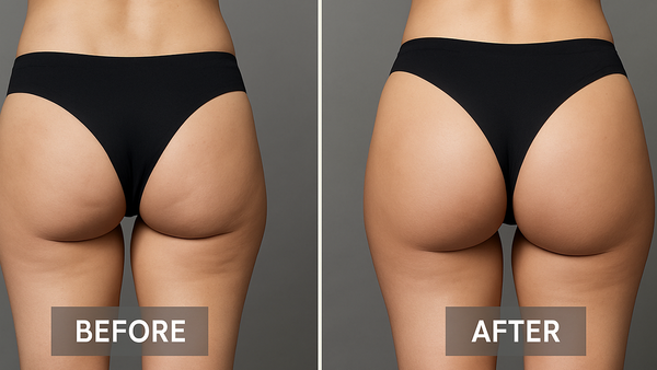 Side-by-side collage of a woman's lower back and buttocks showing smoother, fuller BBL results.
