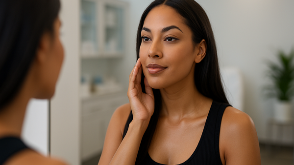 Confident woman of color looks at her reflection in a modern LA clinic, glowing with self-assurance.