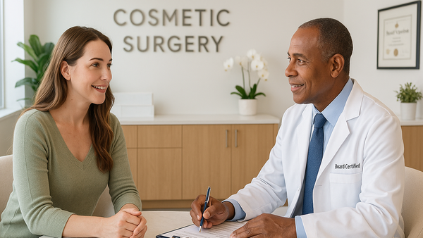 Patient consulting with board-certified surgeon in a modern LA cosmetic clinic reception room.