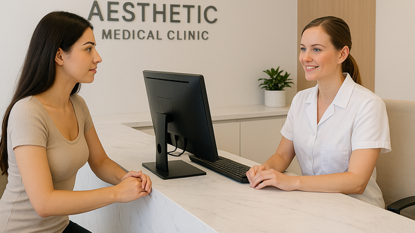 Young woman consults with coordinator at modern Miami aesthetic clinic front desk, smiling warmly. 