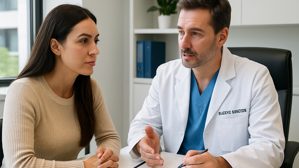 Surgeon consults with female patient in modern Miami clinic, bright lighting and calm atmosphere. 