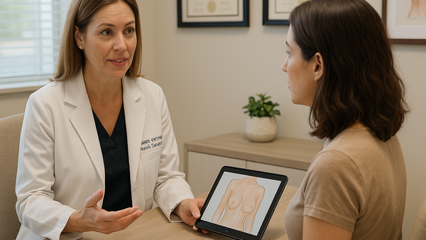 Board-certified plastic surgeon in Tampa consulting with a woman using a breast diagram on a tablet.