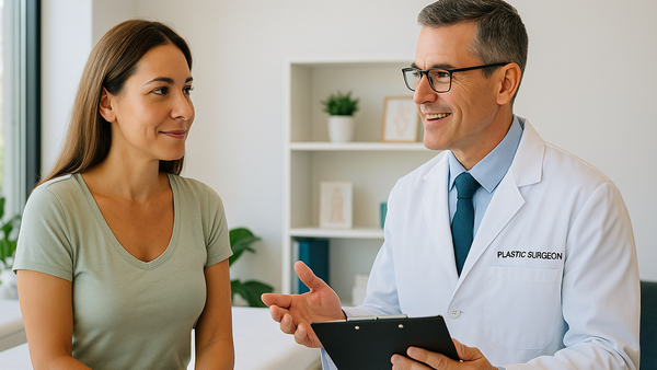 Woman consulting with board-certified plastic surgeon in a bright, modern Tampa clinic.