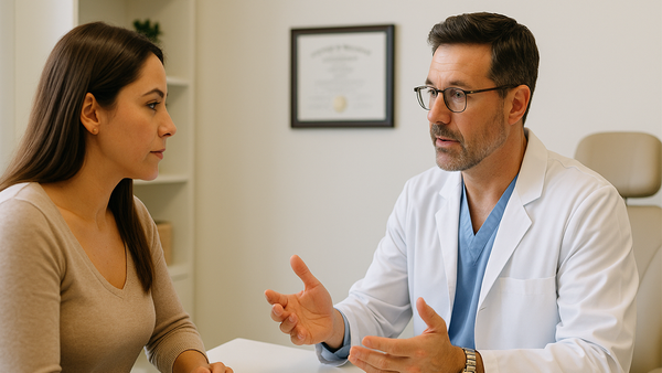 A woman consults with a male plastic surgeon in a bright, modern Tampa clinic office. 
